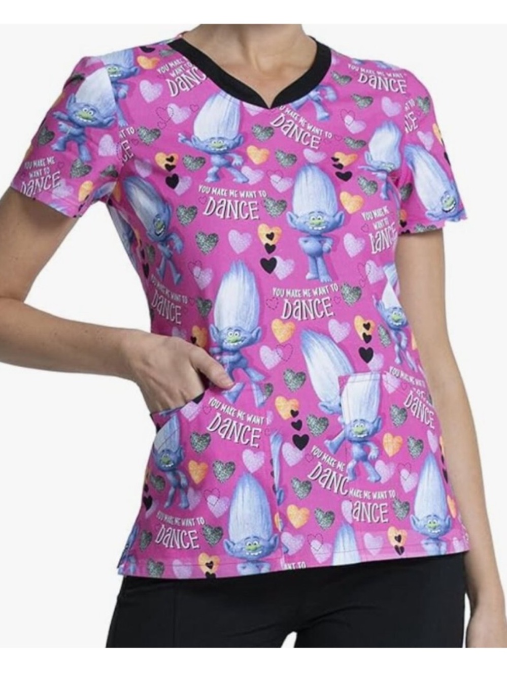 Tooniforms Trolls Diamond Dance 3-Pocket V-Neck Print Scrub Top Medium TF646